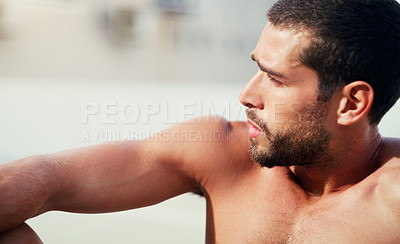 Buy stock photo Sportsman, relax or shirtless for workout or outdoor with sun, healthy or strong with rest. Male athlete or topless for exercise or training in summer, break or pause with breathing or tired
