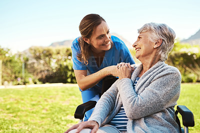 Buy stock photo Senior woman, nurse and wheelchair in life insurance, healthcare support or garden at nursing home. Happy elderly female and caregiver for person with a disability, health or retirement in nature