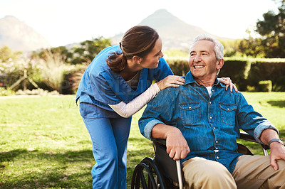 Buy stock photo Senior man, nurse and wheelchair for support, healthcare or garden at nursing home. Happy elderly male and woman caregiver in care for patient or person with a disability for life insurance in nature