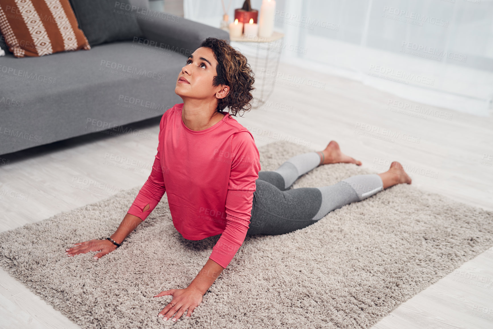 Buy stock photo Yoga, balance and woman in living room at apartment for body fitness, self care or exercise. Wellness, stretching and female person with pilates workout on carpet in lounge at home for mindfulness.