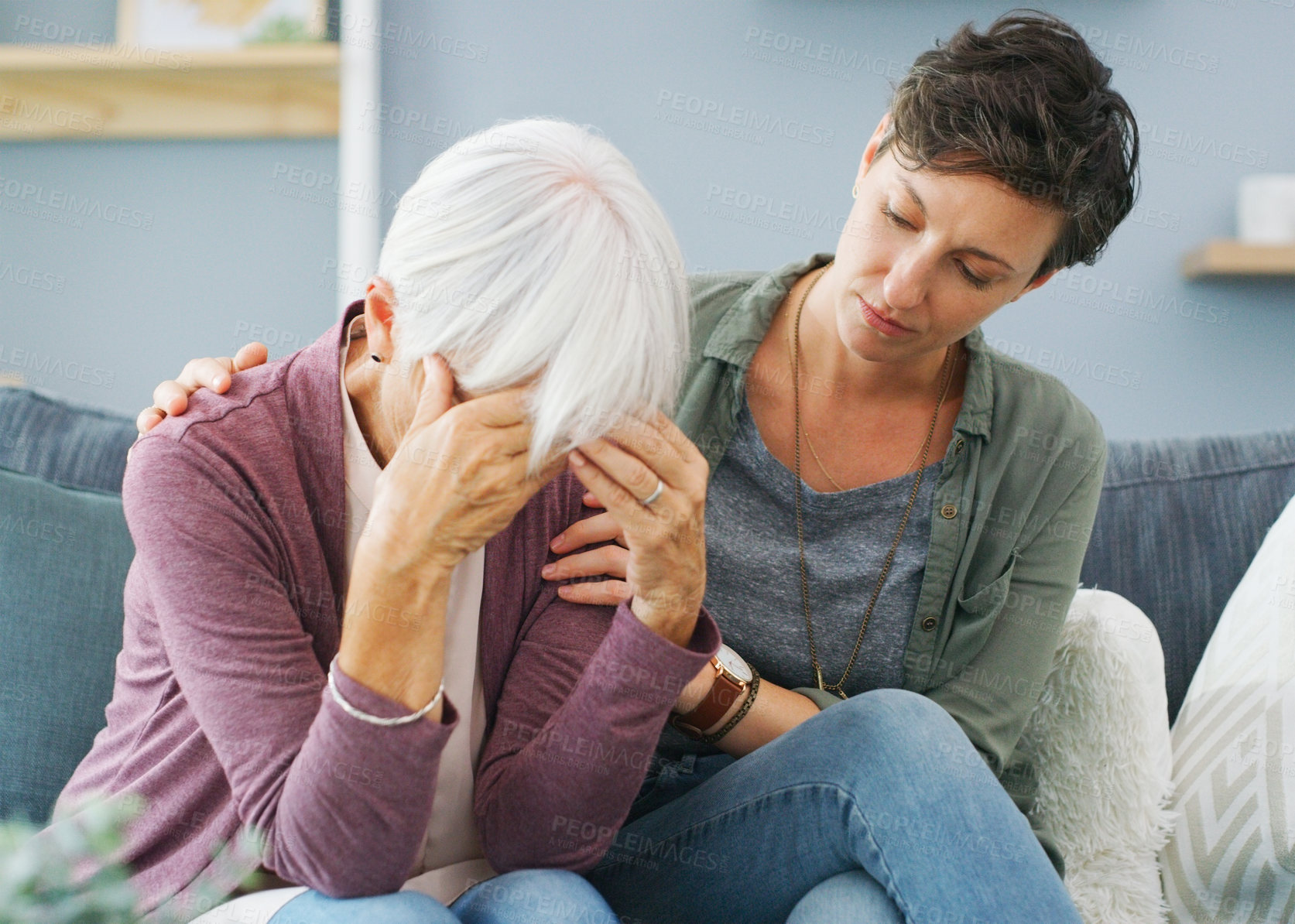 Buy stock photo Elderly mom, stress and daughter with support for mental health crisis, compassion and dementia in home. Senior mother, sad and woman with empathy for retirement debt, kindness and financial mistake