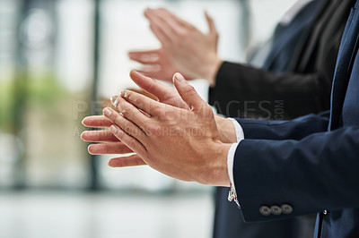 Buy stock photo Business people, hands and clapping for victory in office, motivation and support for company win. Employees, applause and solidarity for target or finance goal, celebration and staff for feedback