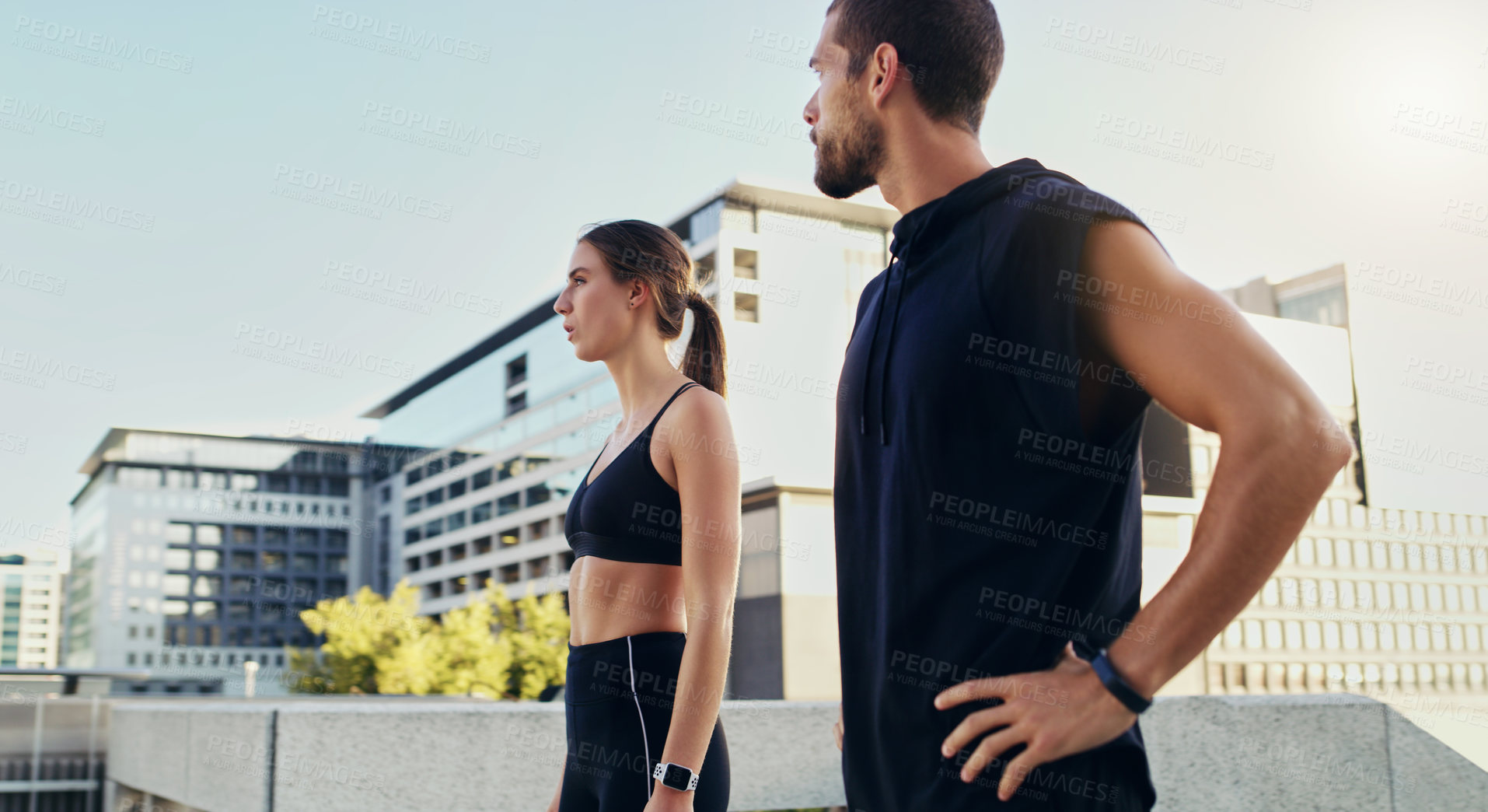 Buy stock photo Man, woman and city for fitness, workout and exercise in urban with partnership for training. Friends, collaboration and personal trainer in outdoor for wellness, couple and teamwork in New York 