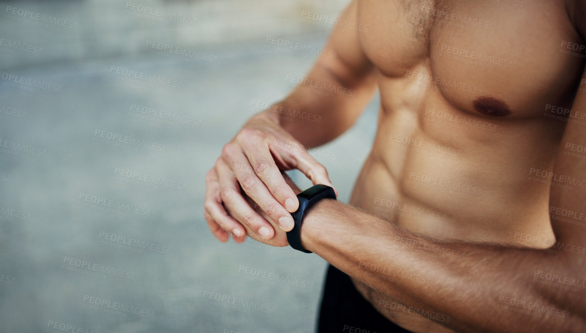 Buy stock photo Exercise, hands and check watch with time for workout goals, cardio progress or running. Sports health, athlete and shirtless person with body for monitor performance, fitness app or track speed