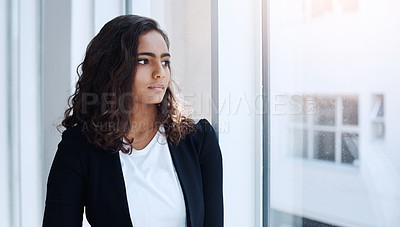 Buy stock photo Woman, window and thinking of business ideas for future in career, planning or brainstorming. Inspiration, insight and mission, problem solving for solution and decision with professional goals