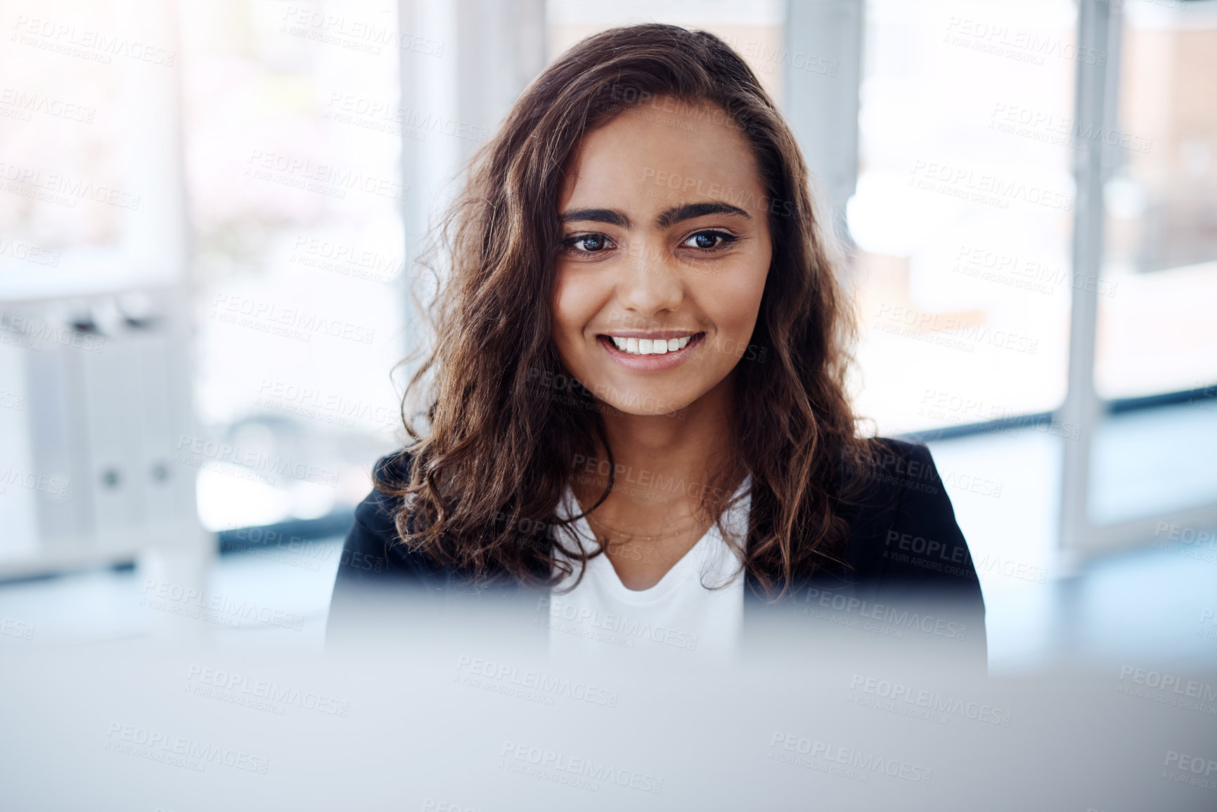 Buy stock photo Office, smile and portrait of woman with computer for administration, networking and email at work. Female person, business and happy with technology for digital policy, review and communication