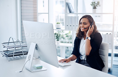 Buy stock photo Happy woman, computer and consulting with headphones in call center, customer service or support at office. Female person, consultant or friendly agent for online advice, help or virtual assistance