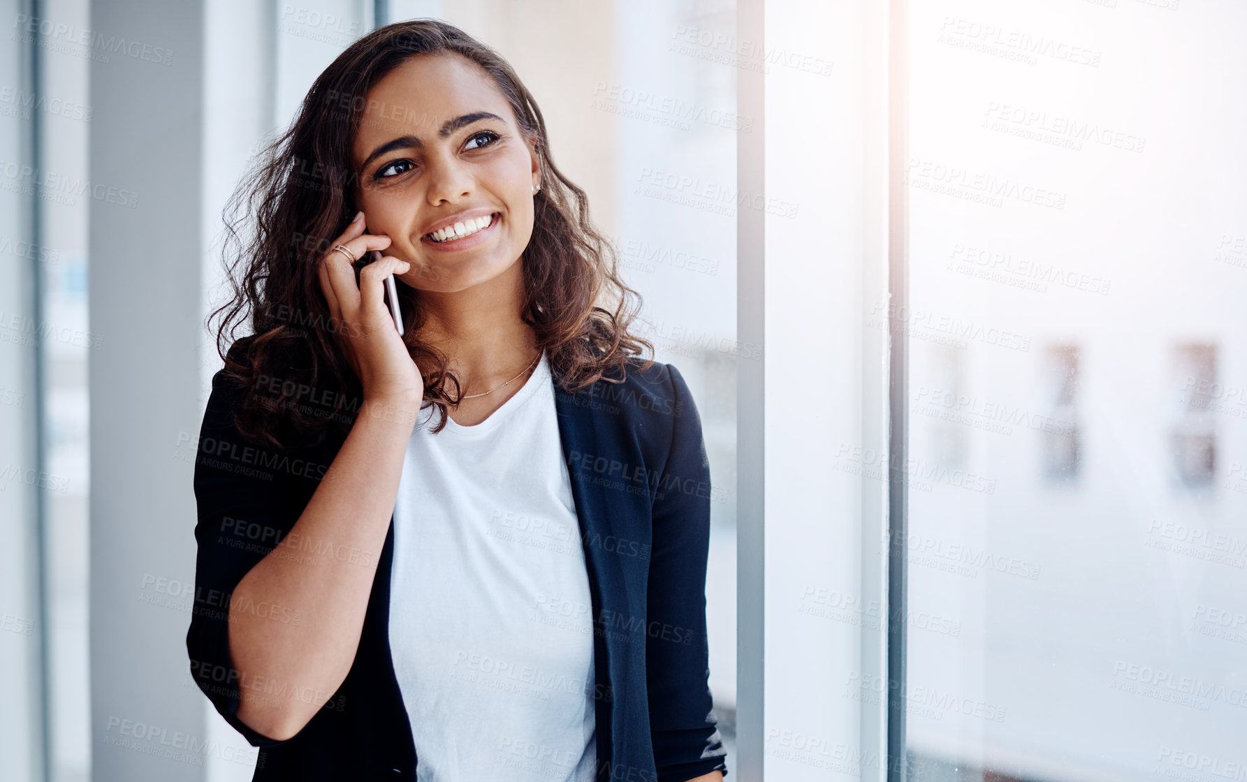 Buy stock photo Businesswoman, phone call and office networking for project communication, planning or interior designer. Female person, smile and cellphone for small business entrepreneur, startup or professional