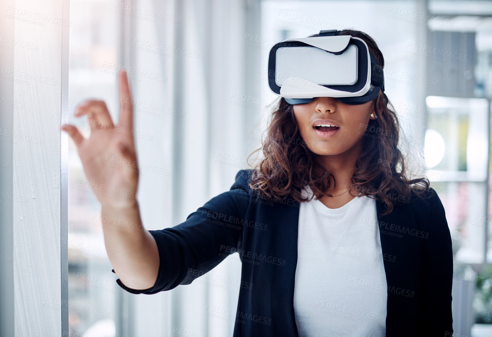 Buy stock photo Virtual reality, technology and business woman with digital glasses for webinar, conference and presentation in metaverse for corporate career. Futuristic, fantasy simulation and lawyer in office