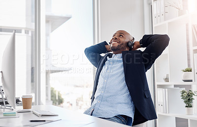 Buy stock photo Relax, stretching and man in call centre, smile and headset for customer support and telemarketing. Office, thinking and communication for sales, professional and listening to help and complete