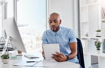 Buy stock photo Black man, tablet and business agenda in office, online and public relations platform. Male person, professional and email for client networking, press release and social media for market research