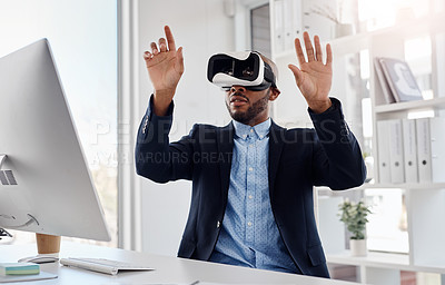 Buy stock photo Cropped shot of a young businessman wearing a virtual reality headset at his desk