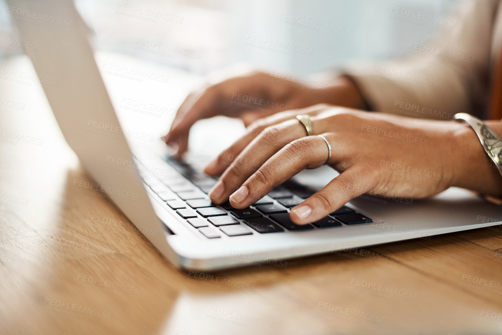 Buy stock photo Desk, laptop and hands of person for research, business article and news typing for publication in office. Technology, connection and digital of content writer for online blog, review and information