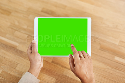 Buy stock photo Green screen, hands and tablet with business person at desk of office for advertising or marketing. App, mockup space and social media with corporate employee in professional workplace from above