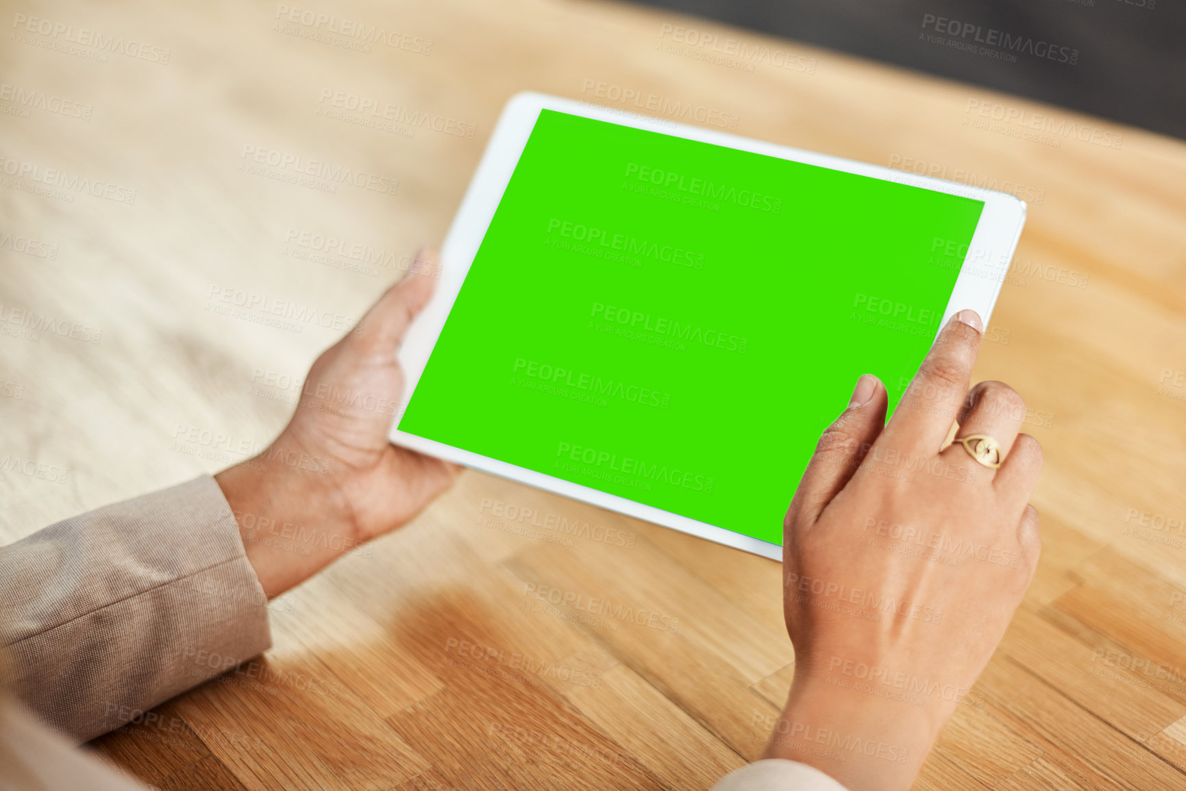 Buy stock photo Green screen, hands and tablet with business person at desk of office for email, feedback or report. Advertising, marketing and technology with corporate employee in professional workplace closeup