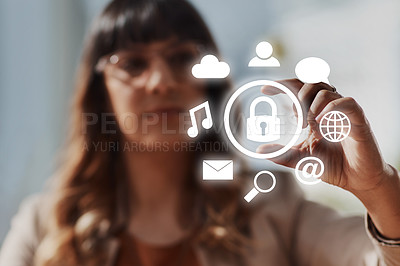 Buy stock photo Shot of an unrecognizable businesswoman using a digital interface in her office