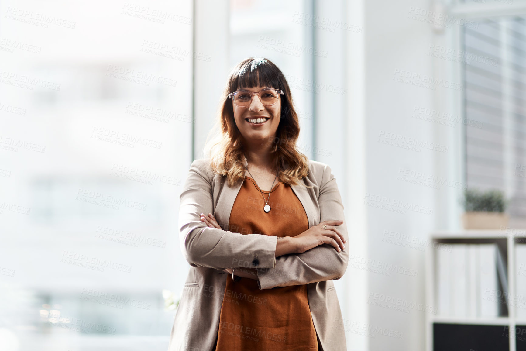 Buy stock photo Portrait, business and woman with arms crossed in office, smile and professional with confidence. Face, person and employee with career ambition, pride and startup with journalist, smile or publisher