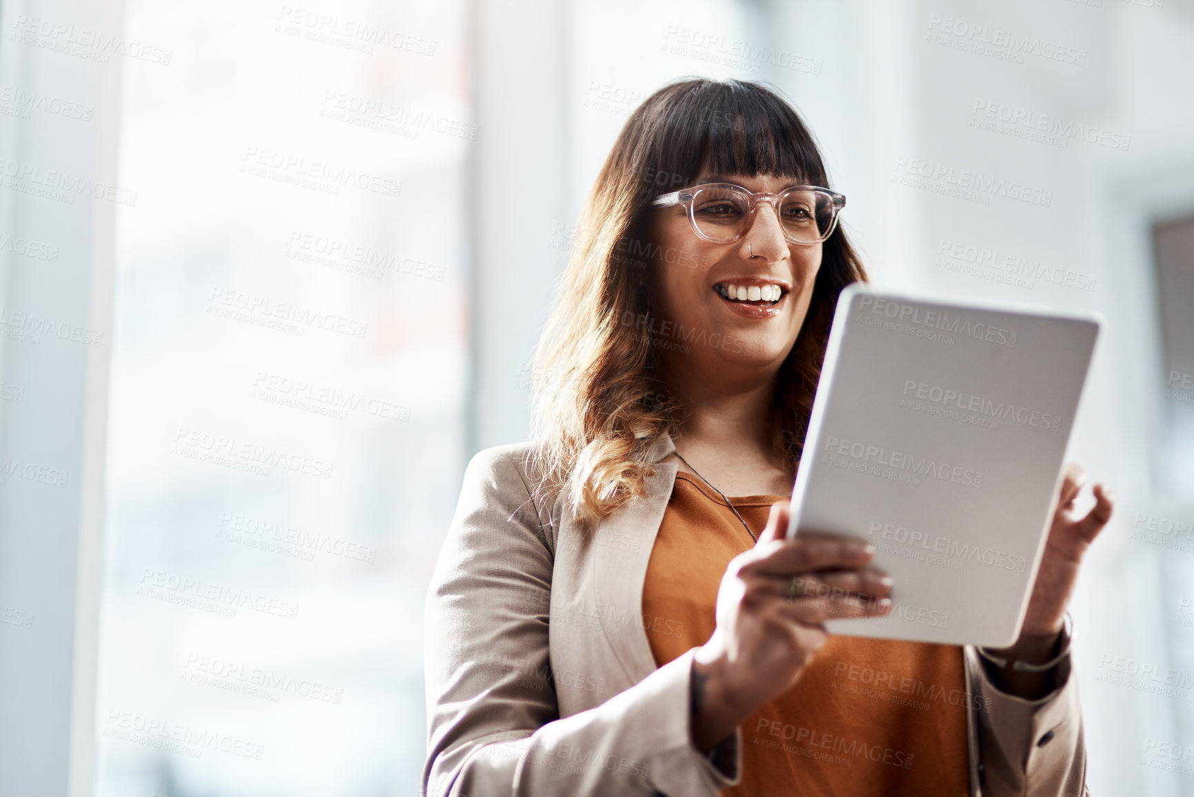 Buy stock photo Tablet, happy and businesswoman in office for creative project for international public relations client. Research, digital technology and female communications director with email for media report.