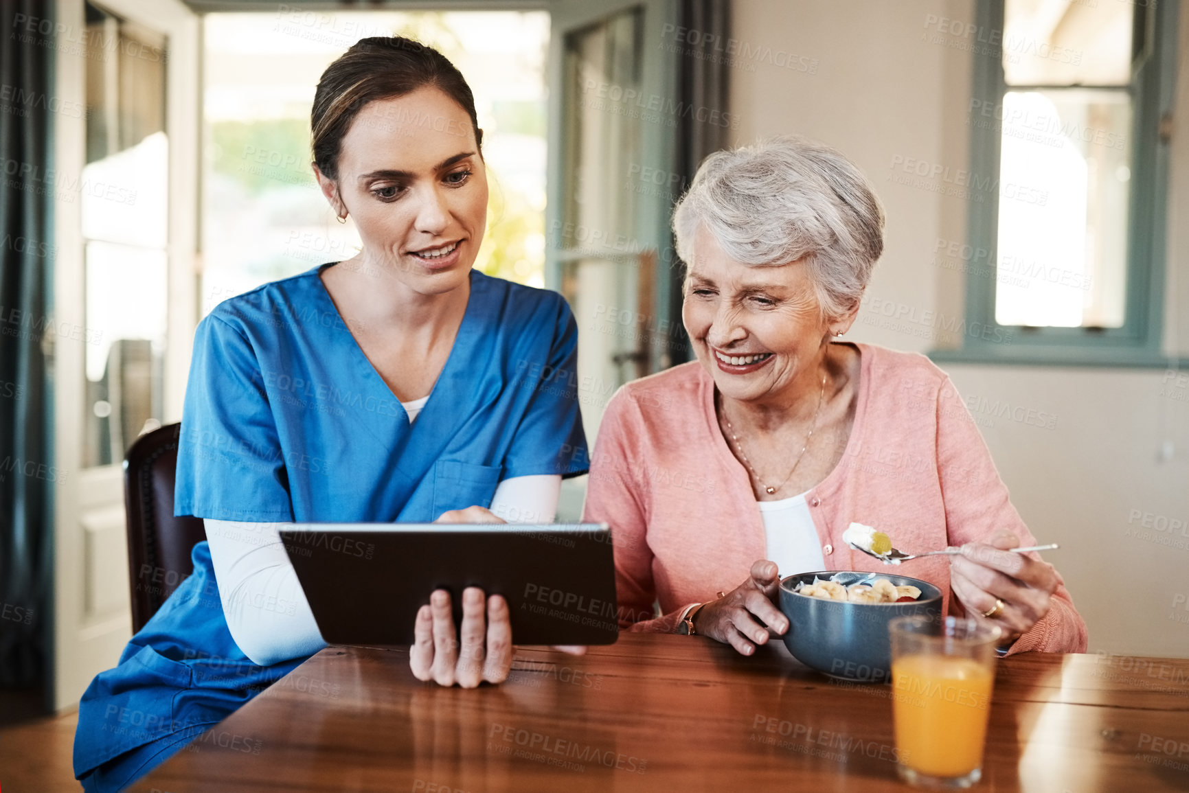 Buy stock photo Tablet, consultation and nurse with senior woman in home explaining nutrition diet for diabetes. Happy, checkup and caregiver with elderly female patient for wellness tracking with digital technology