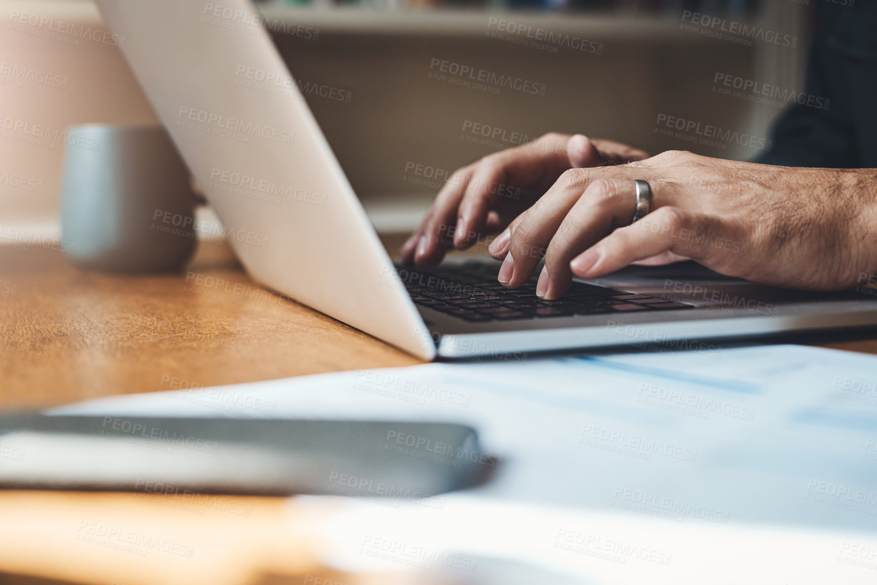 Buy stock photo Hands, closeup and man with laptop in home office for finance, review or budget planning. Fingers, keyboard and male person paying bills online for savings, investment and mortgage or startup loan