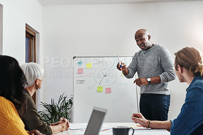 Buy stock photo Shot of a mature businessman discussing ideas on a whiteboard with his colleagues at work