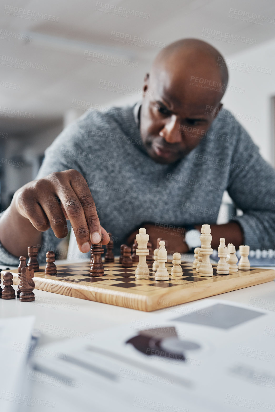 Buy stock photo Office, thinking and black man with chess at desk for competition, strategy and problem solving. Serious, person and board with piece in logic game for match challenge,  move and decision in tactic