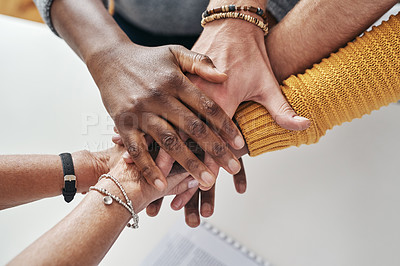 Buy stock photo ​​​​​​People, team work and hands together for support, motivation and collaboration or project mission in meeting. Group stack in circle with business goals, hope and faith for startup career above
