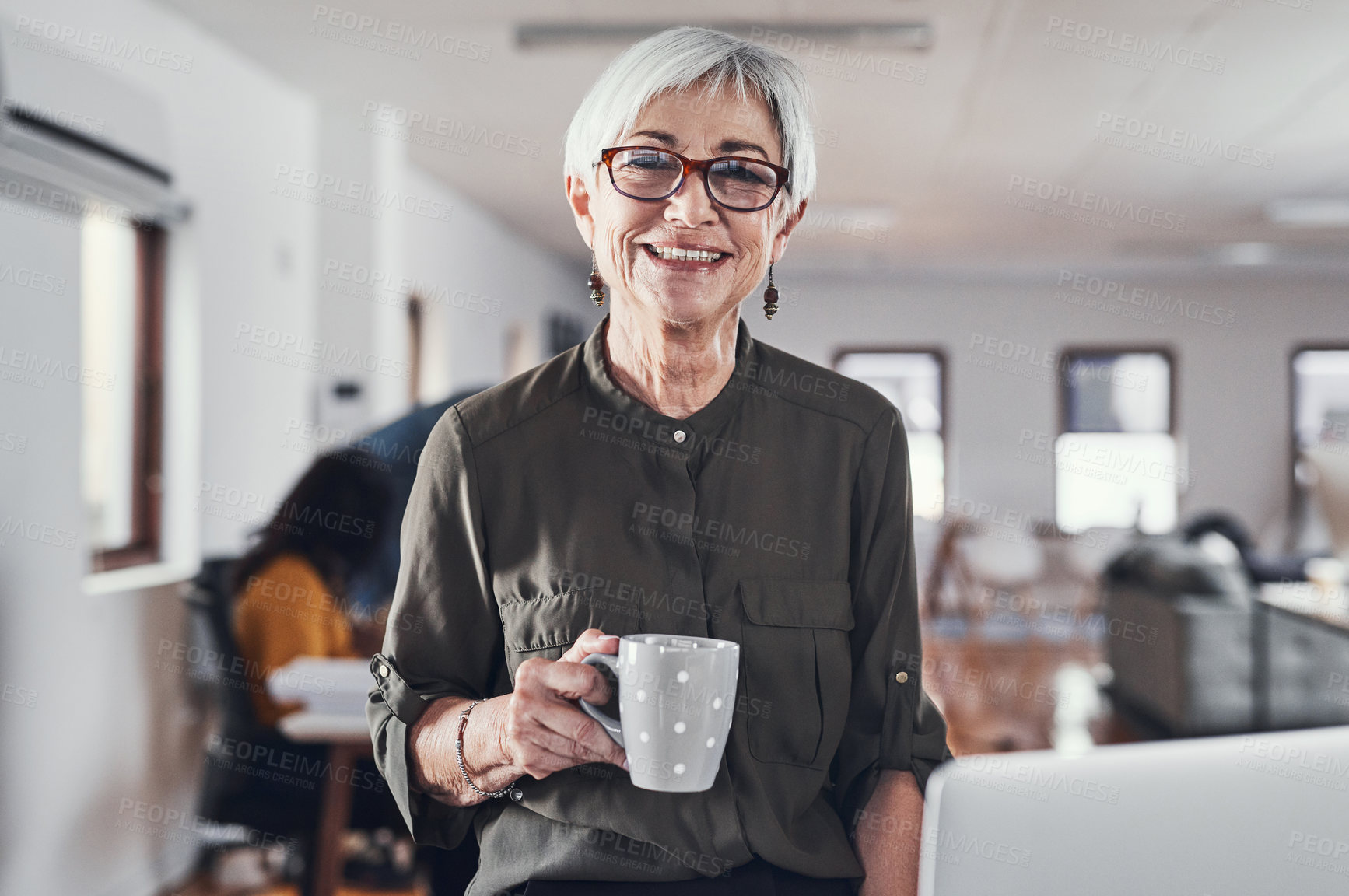 Buy stock photo Coffee, happy and portrait of woman in office for creative career, confidence and start of business day. Mature employee, work and smile with drink for administration, job and beverage at startup