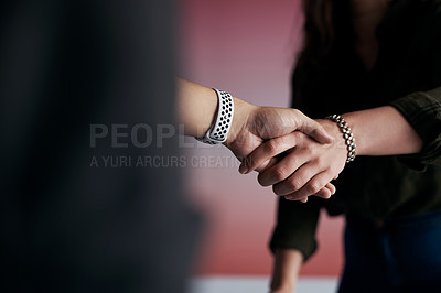 Buy stock photo Creative, office and business people shaking hands with deal, agreement or collaboration in design agency. Teamwork, consultant and client in handshake for project success, onboarding or introduction