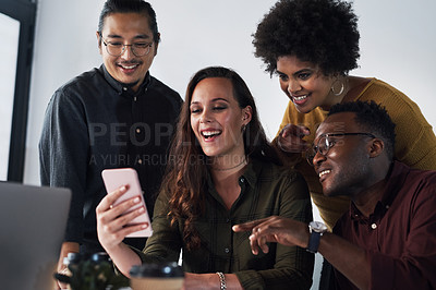 Buy stock photo Smartphone, happy and business team in office for networking, streaming and meeting. Diversity, men and women or people in agency with mobile app or social media, reading and scroll for meme or joke