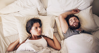 Buy stock photo Frustrated woman, snoring man and bed in a home with angry female person from noise. Tired, sleeping and morning with young people in a bedroom in a house together with a fight, anger and fatigue