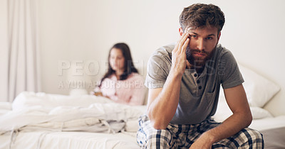 Buy stock photo Angry couple, divorce and fight on bed in disagreement, conflict or toxic relationship at home. Upset and frustrated man and woman fighting, breakup or argument from affair or infertility in bedroom