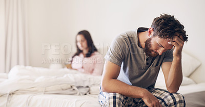 Buy stock photo Angry couple, argument and fight on bed in disagreement, conflict or toxic relationship at home. Upset and frustrated man and woman fighting, breakup or divorce from affair or infertility in bedroom