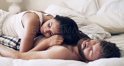 Buy stock photo Couple, sleeping and embrace on bed with love, relax and dream in house, woman and man with comfort. Break, weekend and night for rest, people and romance in marriage, apartment and bedroom in home