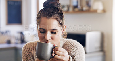 Buy stock photo Morning, kitchen and woman with coffee to drink, peace and calm in home, relax and weekend in apartment. Beverage, tea or latte for girl to enjoy, routine and cup for espresso in house for break
