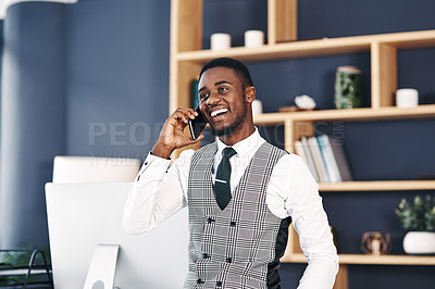 Buy stock photo Black man, business and phone call in office or corporate networking for financial investment for offer, deal or client. Male person, cellphone and economy conversation for savings, planning or chat