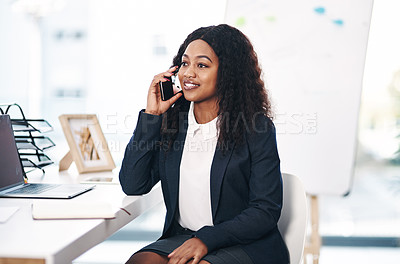 Buy stock photo Phone call, business and black woman in office for online chat, networking and discussion. Corporate receptionist, professional and person on smartphone for planning, schedule and communication