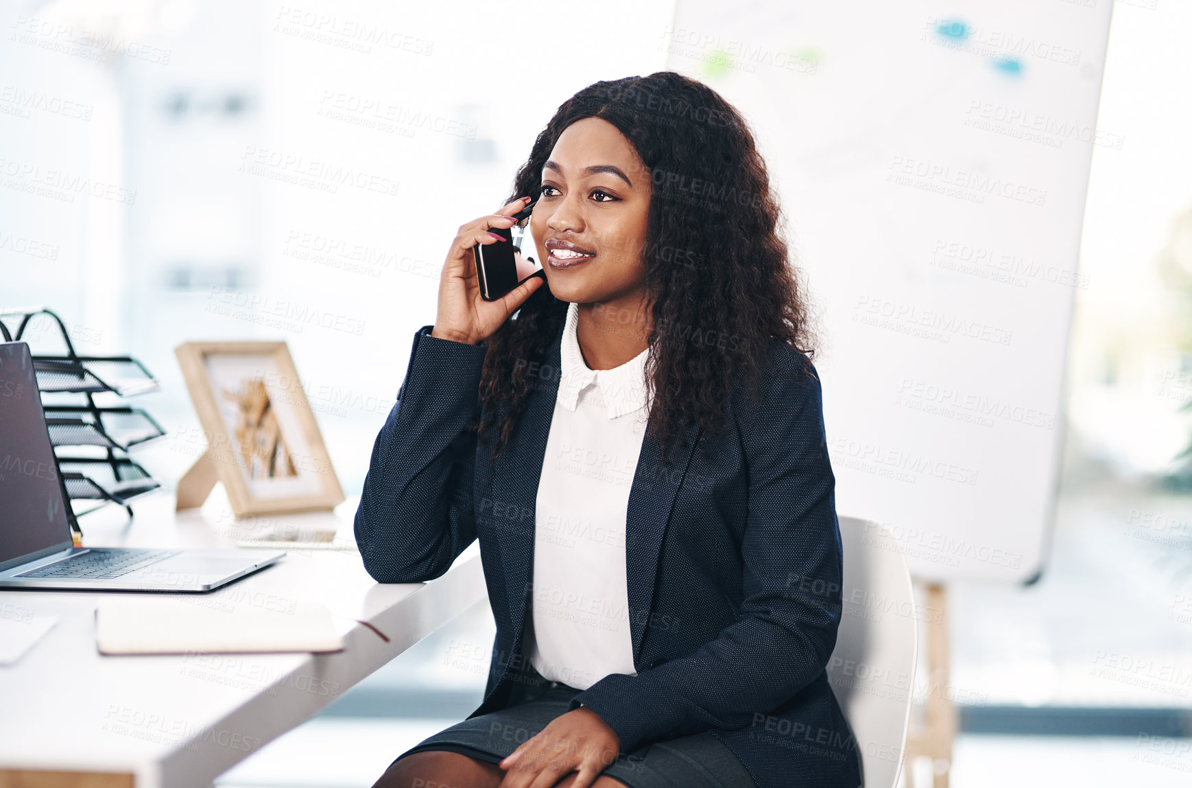 Buy stock photo Phone call, business and black woman in office for online chat, networking and discussion. Corporate receptionist, professional and person on smartphone for planning, schedule and communication