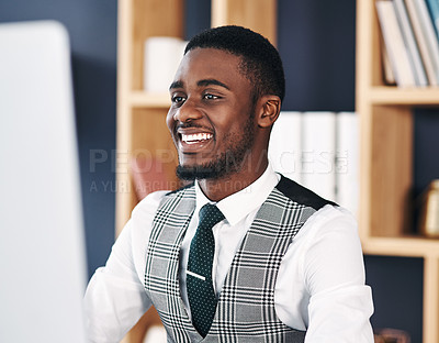 Buy stock photo Lawyer, happy or black man on computer at law firm for consulting, legal advice and networking. Smile, policy research or African attorney on internet for technology, schedule and feedback review