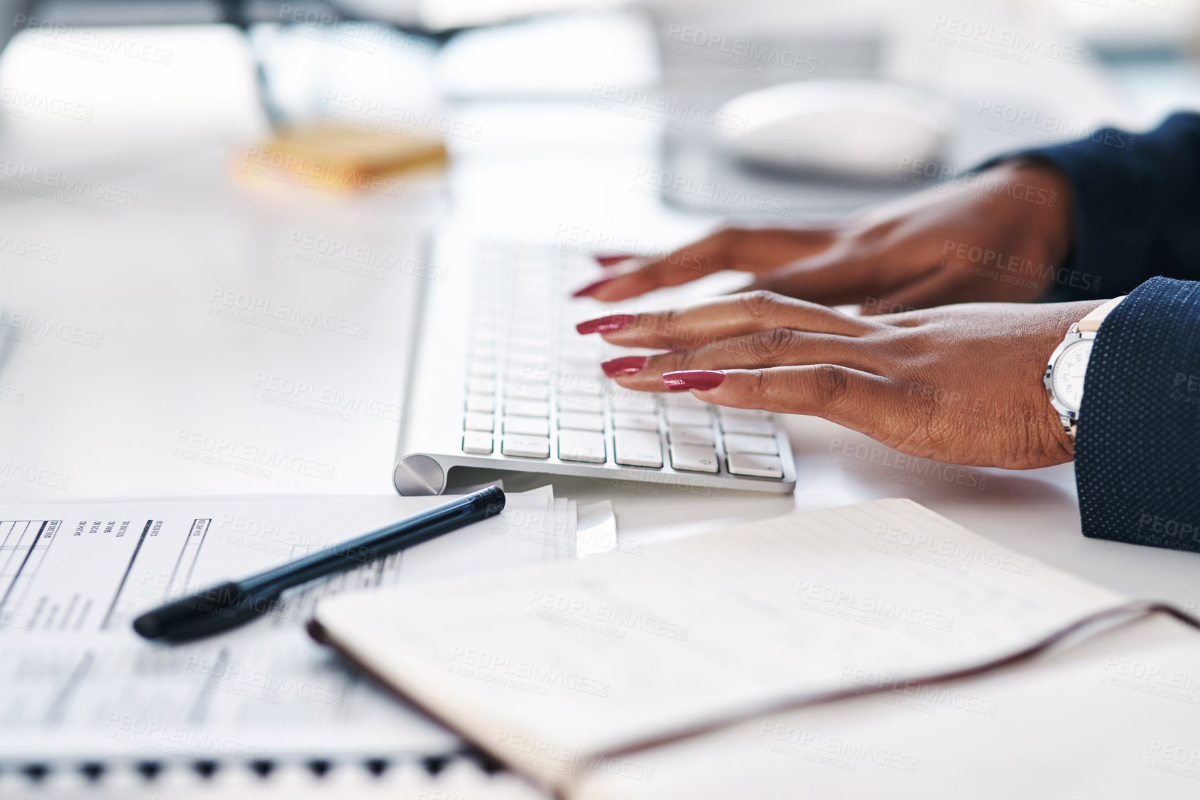 Buy stock photo Business woman, hands and typing with documents on keyboard for accounting, finance or payroll at office. Closeup of female person, accountant or employee working on computer for company expenses