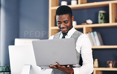 Buy stock photo Business, typing and black man with laptop, internet and website information with connection and planning for online schedule. Modern office, African person and entrepreneur with computer and email