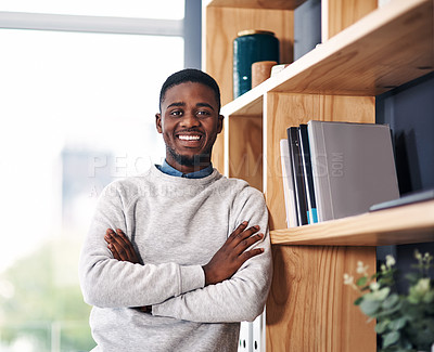 Buy stock photo Portrait, black man and confident with smile in office for startup company, junior employee or intern. Happy, person and arms crossed in workspace for entrepreneur, worker and professional consultant