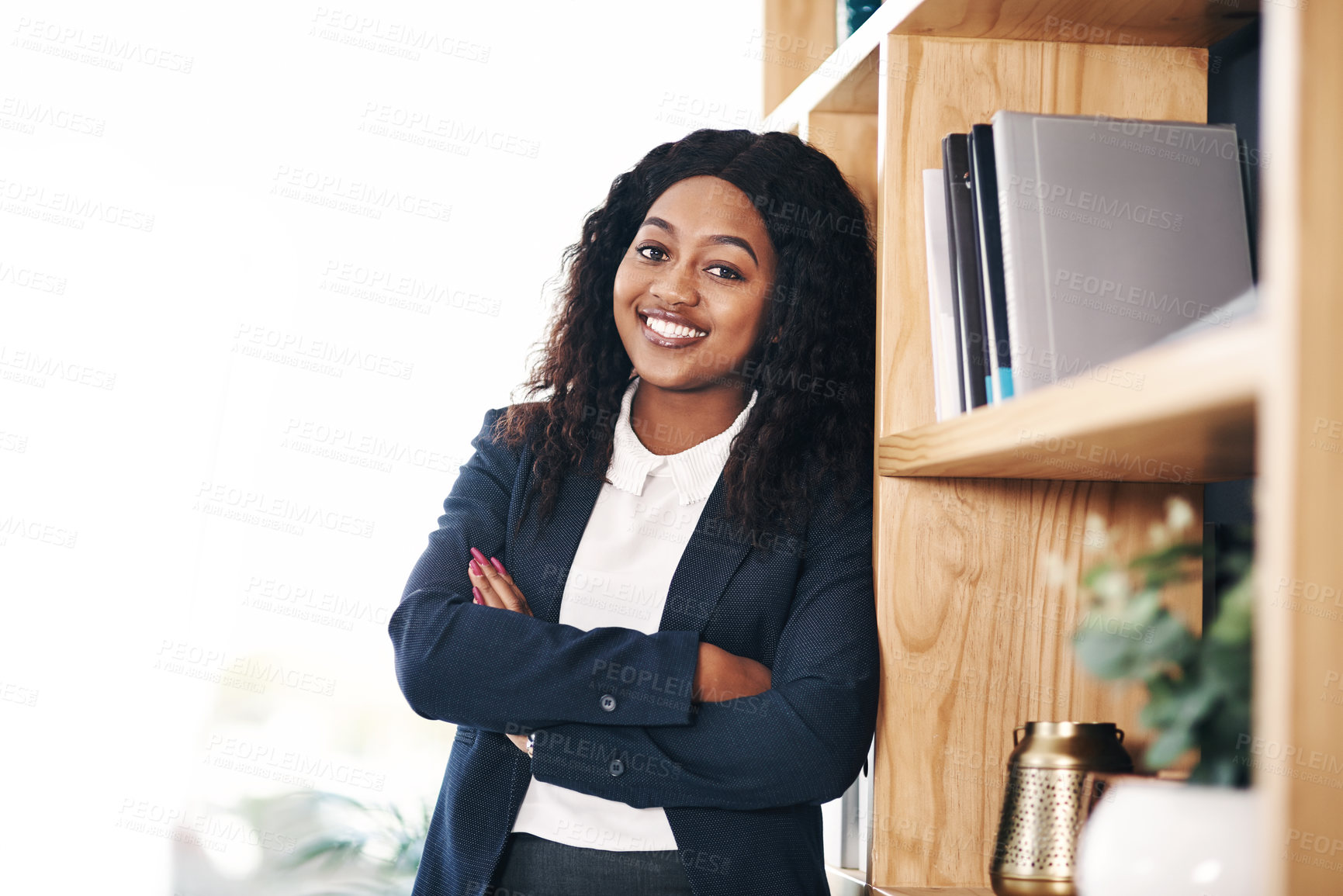 Buy stock photo Happy, portrait or black woman with arms crossed in a law firm for consulting, legal advice and justice. Confident advocate, attorney and African lawyer ready for case policy to empower with pride