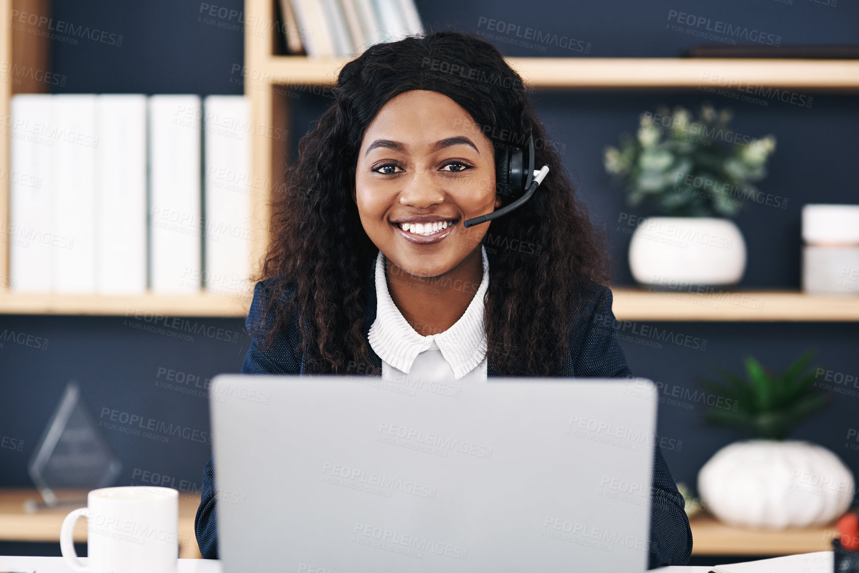 Buy stock photo Black woman, headset and consultant in portrait, laptop and call centre operator in office. Female person, assistant and online for customer support, technical service and receptionist for help