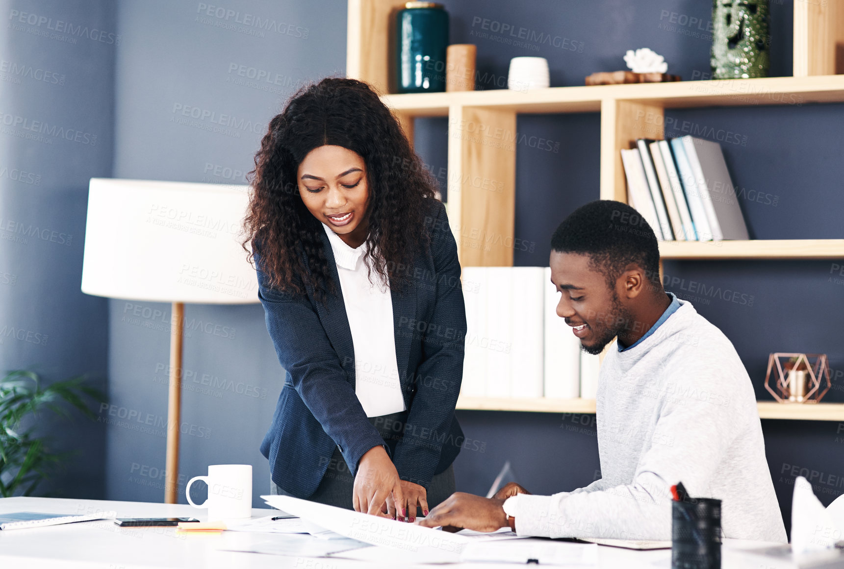 Buy stock photo Partners, paperwork and talking in office on proposal, report and lawyers for reading contract. Black people, attorneys and speaking on documents or planning for company growth, teamwork and research