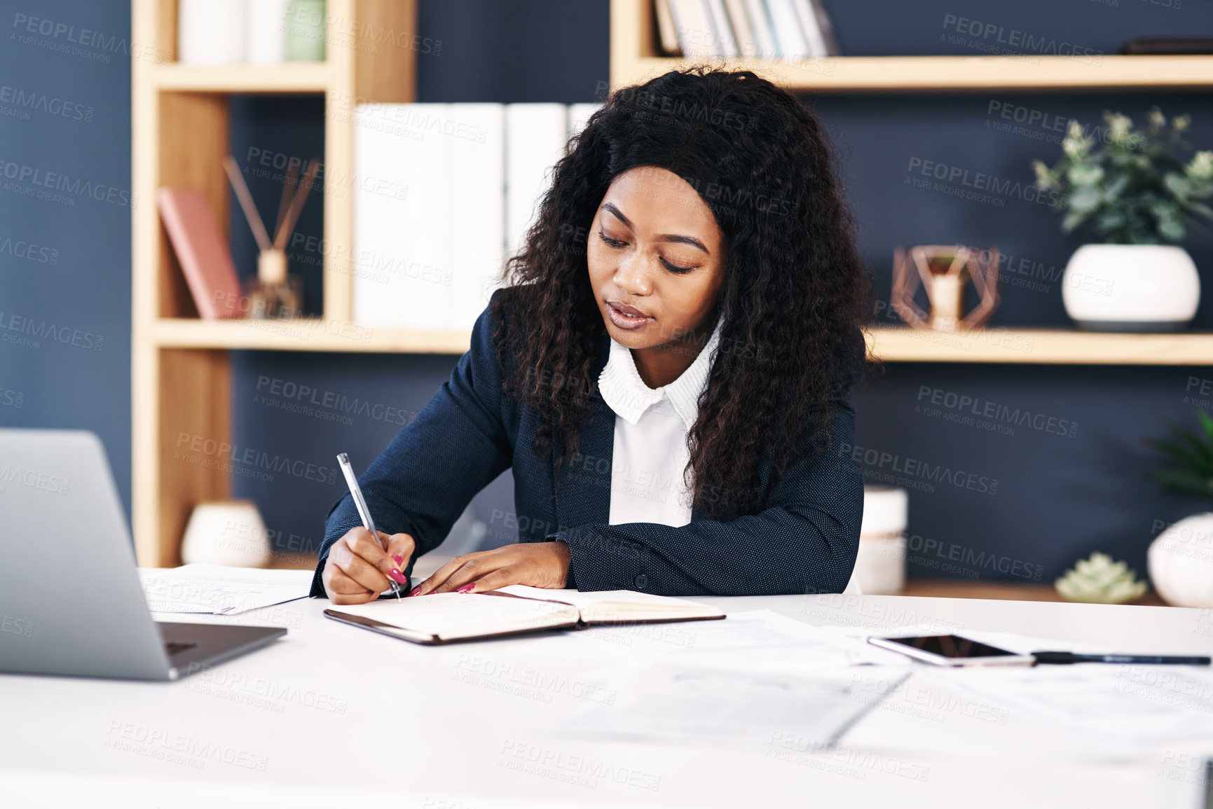 Buy stock photo Writing, black woman or lawyer at law firm with document, form and planning in office for feedback review. Legal, diary or attorney with notes on information, schedule or reminder for working on case