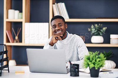Buy stock photo Black man, smile and laptop in office portrait for web design, online or social media communication. Business person, happy and working on digital tech for research, planning and internet startup