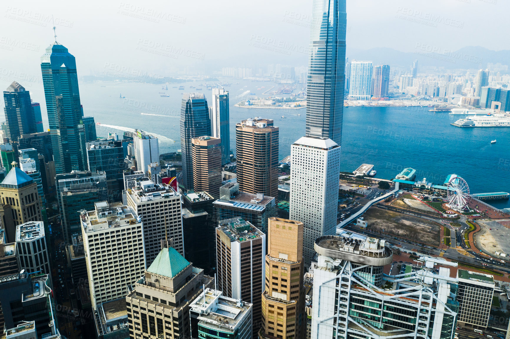 Buy stock photo Office, building and skyscraper on the coast in an urban city with development and scenery. Cityscape, architecture and high rise buildings in downtown chicago with water and ariel view for travel.