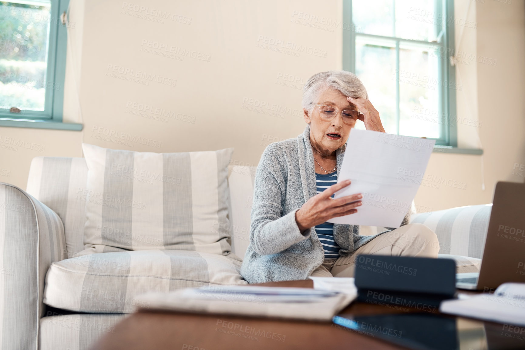 Buy stock photo Old woman, shock and paper for finance in home, expenses and taxes mistake for payment. Female person, stress and documents to review mortgage interest, frustrated and insurance form fail or crisis