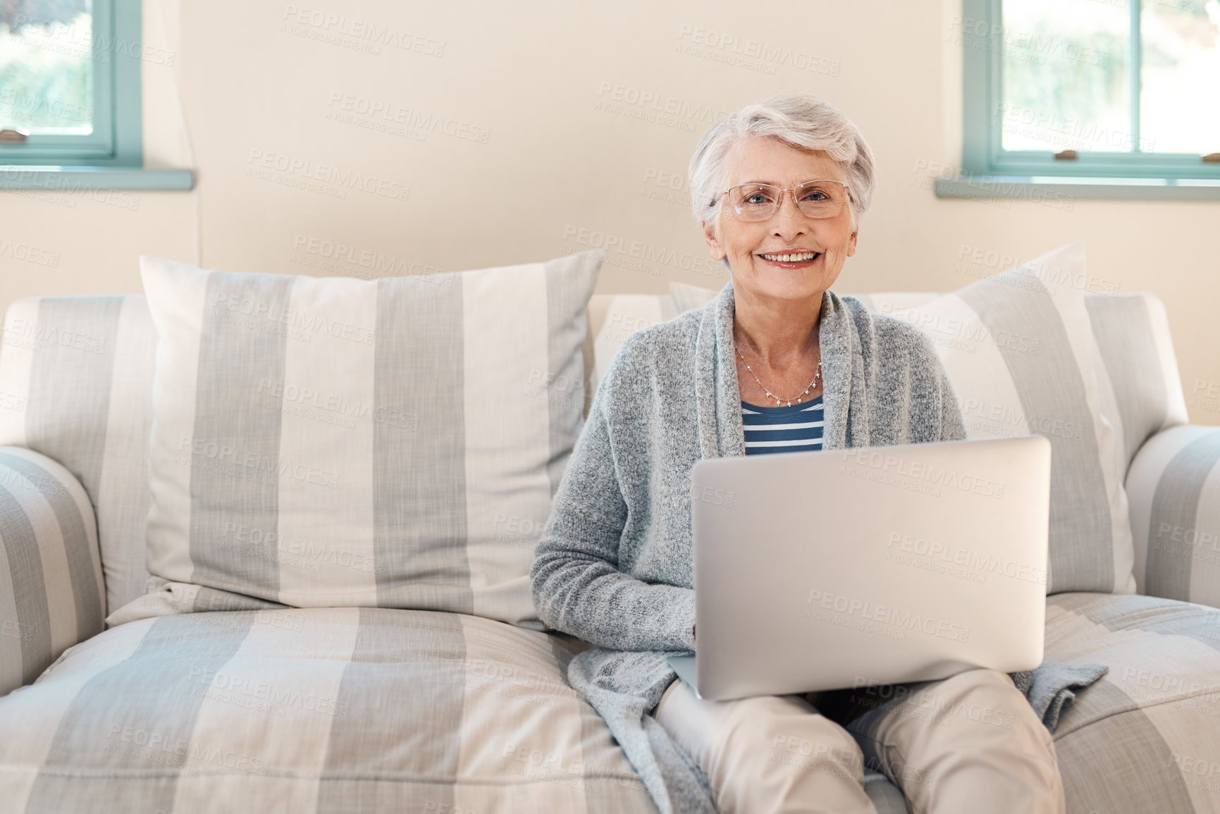 Buy stock photo Laptop, happy and portrait of senior woman in living room to pay bills, investment or retirement fund. Sofa, relax and elderly female person with computer for online banking app for pension in home.